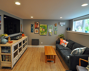 Living room in West Seattle basement remodel