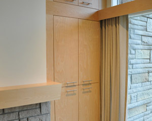 closeup of storage space beside fireplace