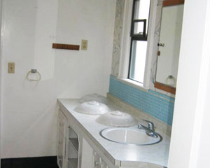Before: funky skylight, laminate counters, terracotta tile.  One large bathroom with two doors and no privacy