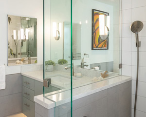 view of shower and vanity